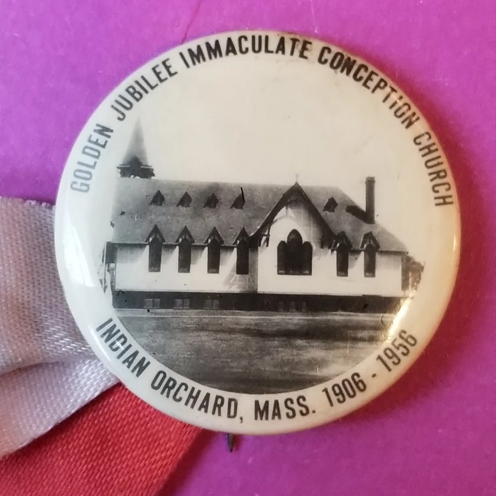 Vintage Golden Jubilee Church pin brooch 1956 ribbon Immaculate Conception